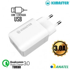 Carregador de Tomada Universal 1 USB QC 3.0 Turbo 3.0A Kimaster - T108 Branco